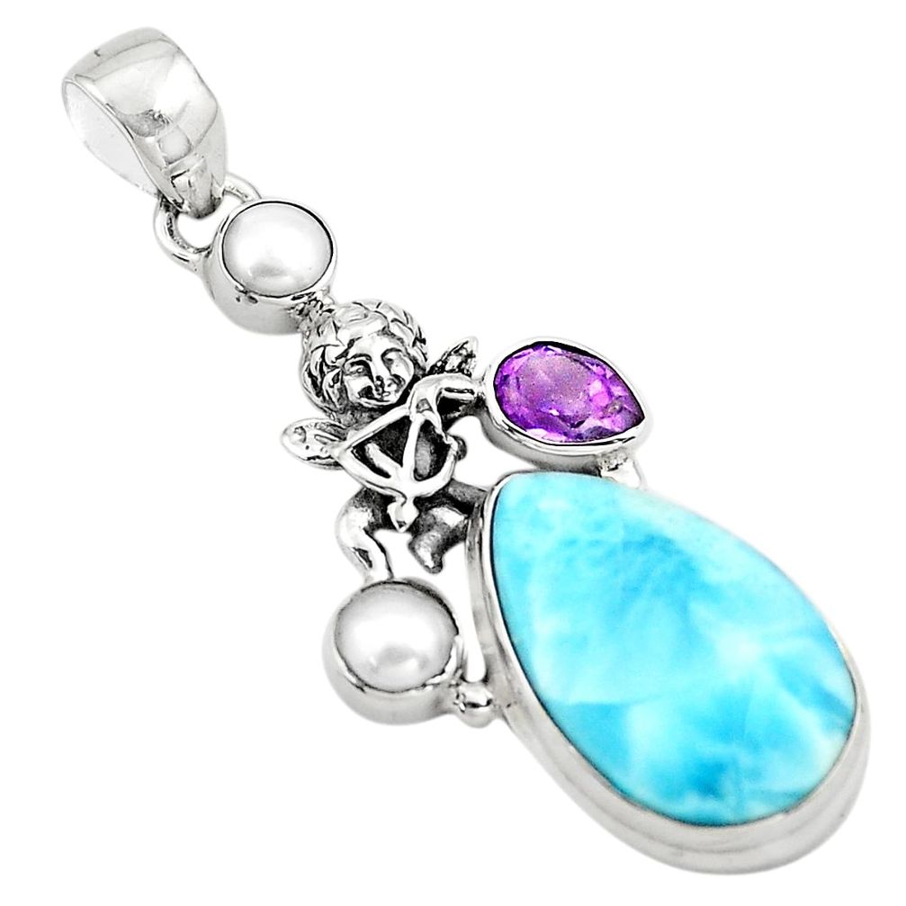 18.15cts natural blue larimar pear amethyst pearl 925 silver pendant p80387