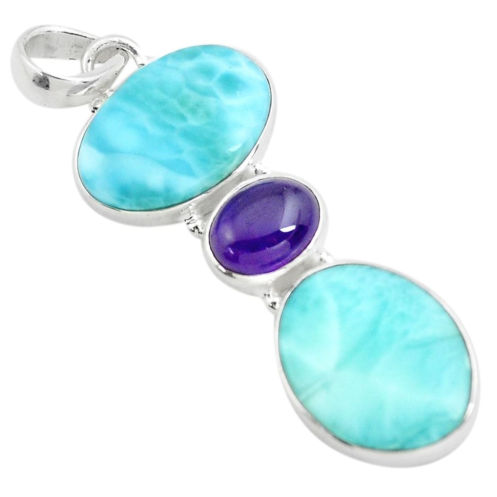 17.42cts natural blue larimar purple amethyst 925 sterling silver pendant p72033