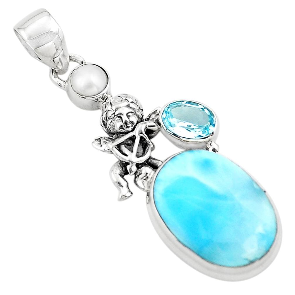 14.72cts natural blue larimar topaz 925 silver cupid angel wings pendant p80390