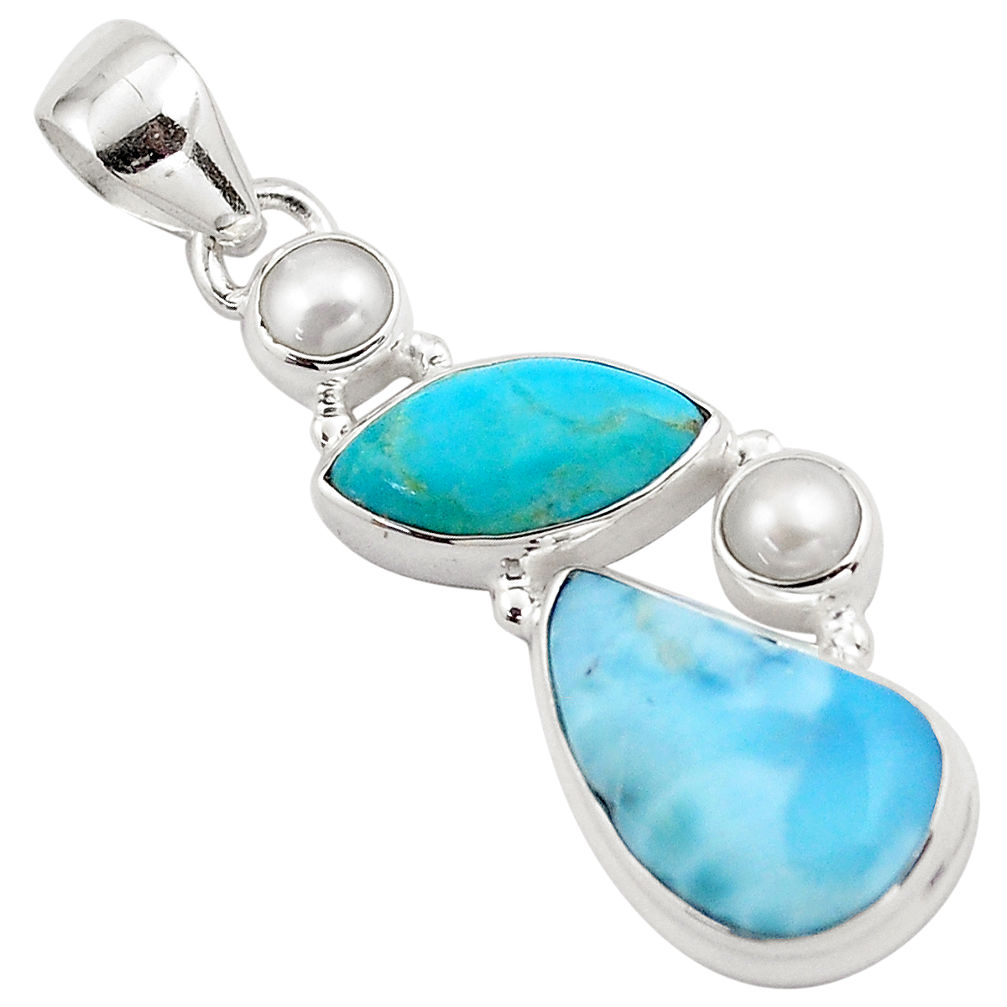 15.05cts natural blue larimar white pearl 925 sterling silver pendant p88968