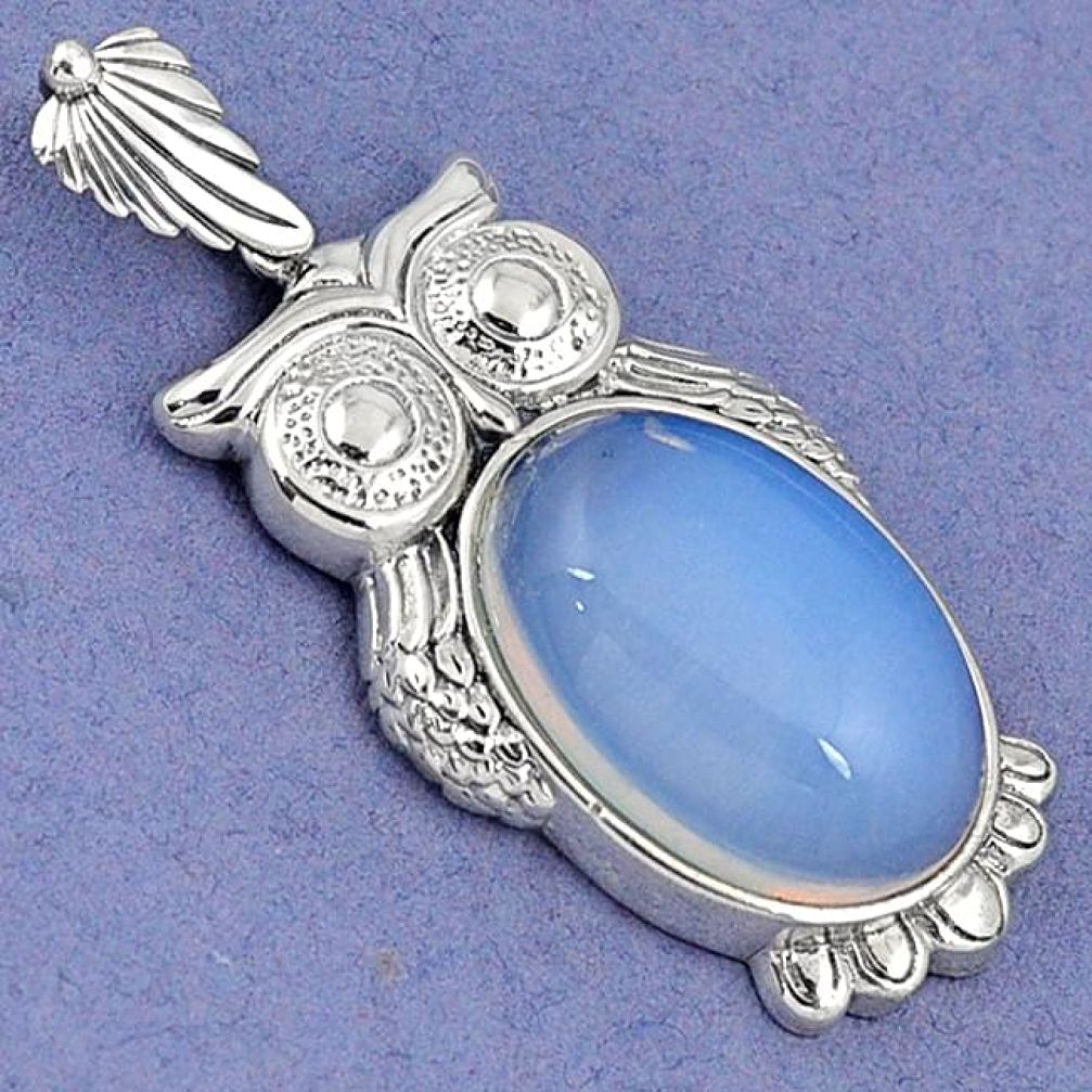 NATURAL BLUE OPALITE OVAL SHAPE 925 STERLING SILVER OWL PENDANT JEWELRY H30387