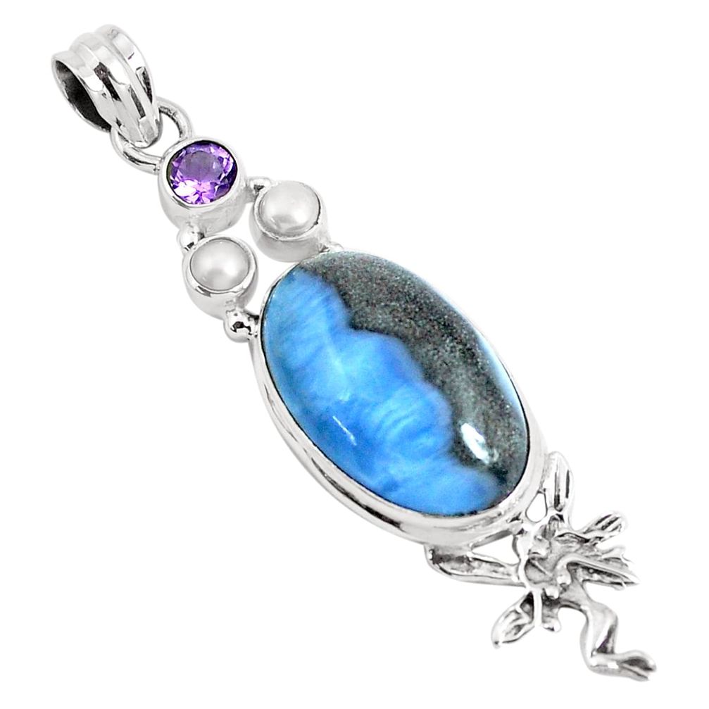 16.46cts natural blue owyhee opal 925 silver angel wings fairy pendant p49528