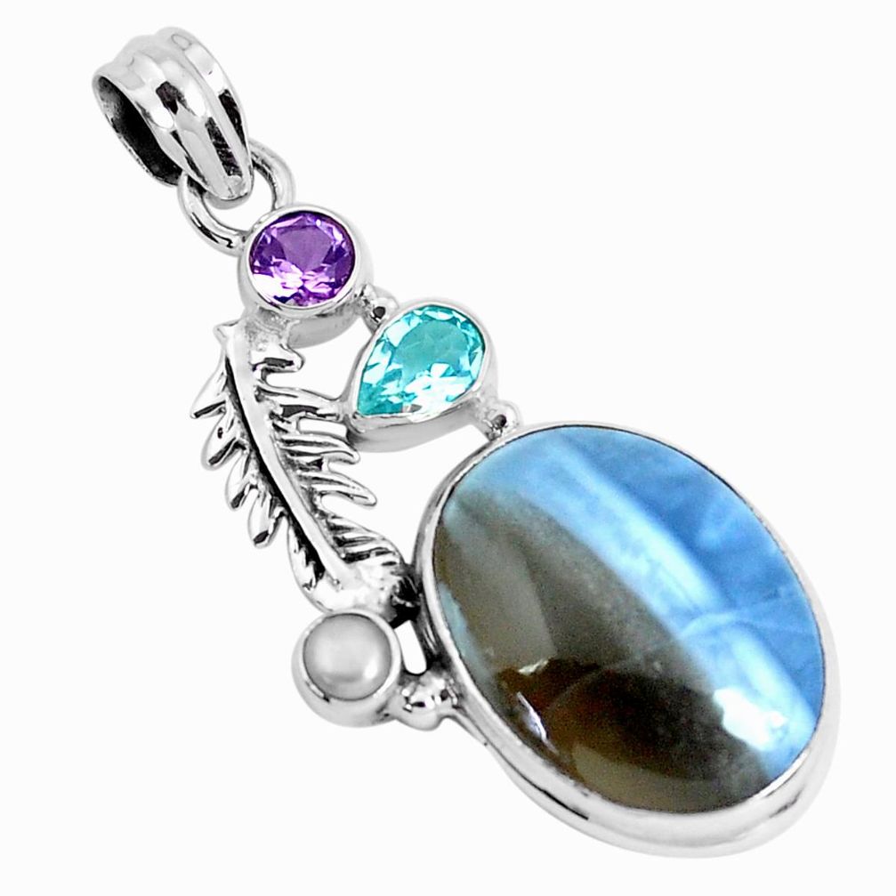 16.46cts natural blue owyhee opal amethyst 925 silver feather pendant p49523