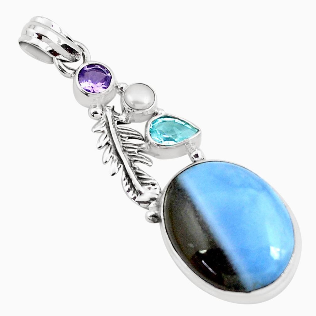 17.67cts natural blue owyhee opal amethyst 925 silver feather pendant p49542