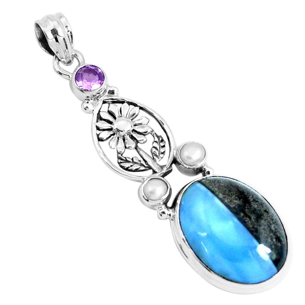 18.17cts natural blue owyhee opal amethyst 925 silver flower pendant p49537