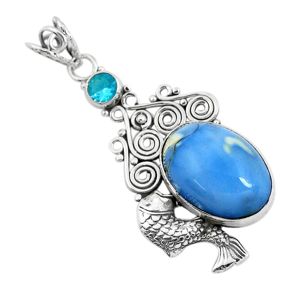14.12cts natural blue owyhee opal topaz 925 sterling silver fish pendant d31088