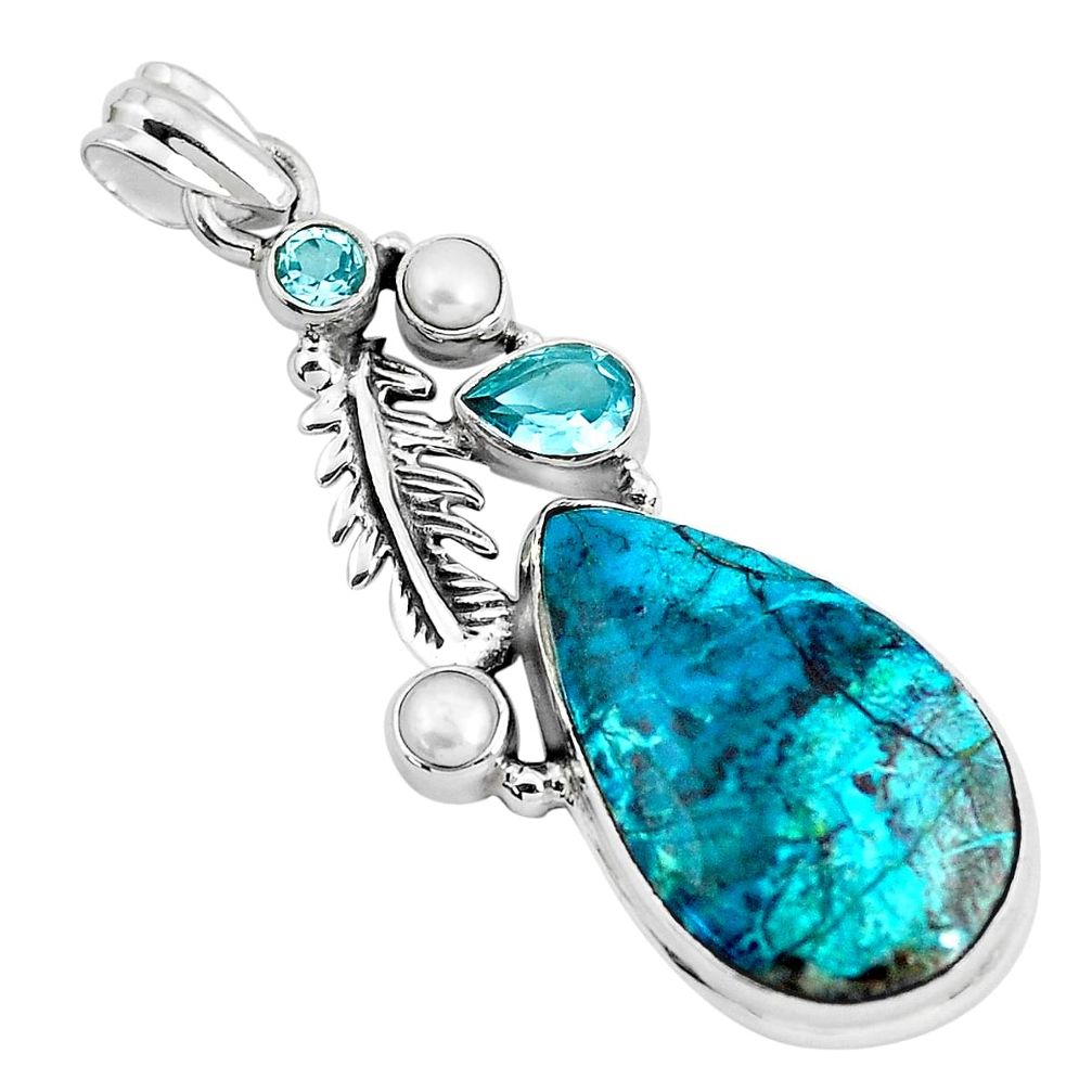 21.29cts natural blue peruvian chrysocolla topaz silver feather pendant p49434