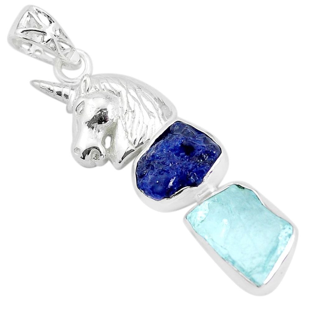 Natural blue sapphire rough aquamarine rough 925 silver horse pendant p35354