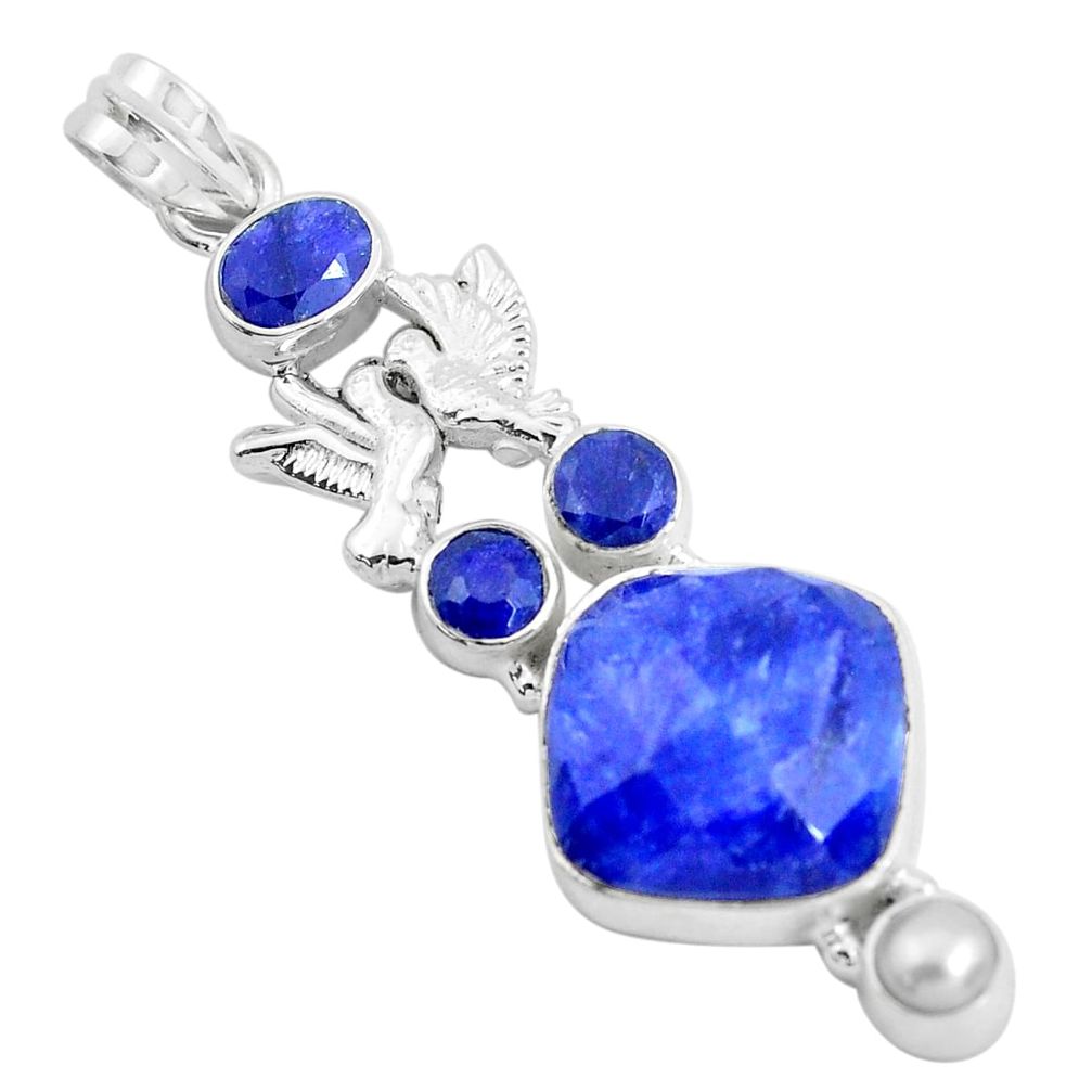 18.98cts natural blue sapphire white pearl 925 silver love birds pendant d31059