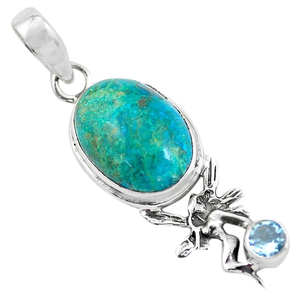 13.77cts natural blue shattuckite 925 silver angel wings fairy pendant p55325