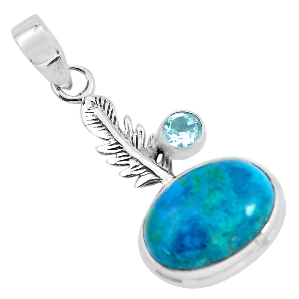 14.26cts natural blue shattuckite topaz 925 silver feather charm pendant p55327
