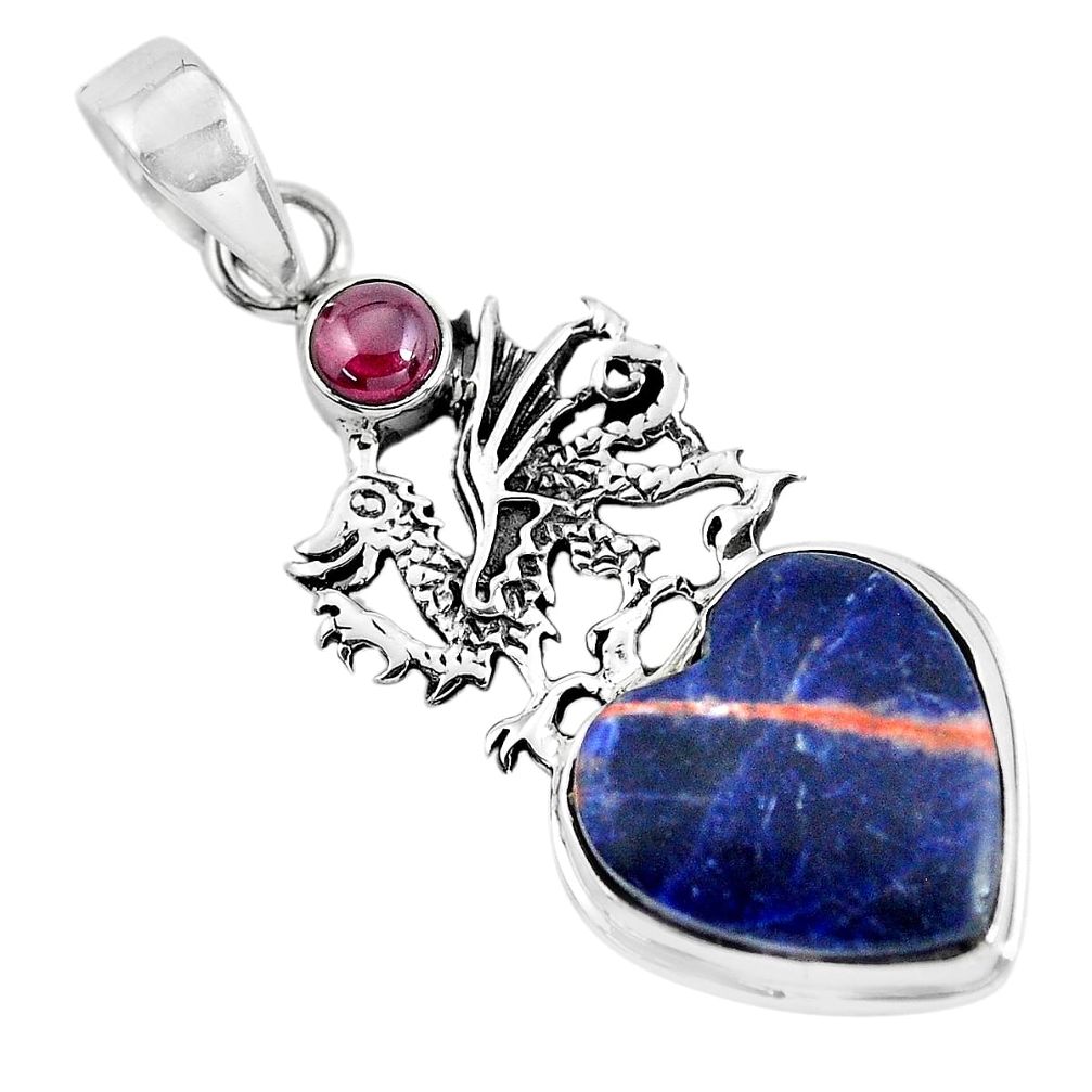 13.28cts natural blue sodalite garnet heart 925 silver dragon pendant p55087