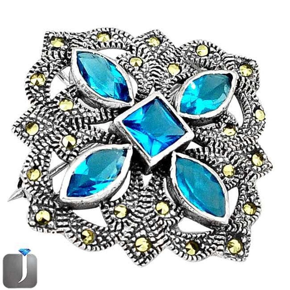 NATURAL BLUE TOPAZ SWISS MARCASITE 925 STERLING SILVER BROOCH PENDANT G75678