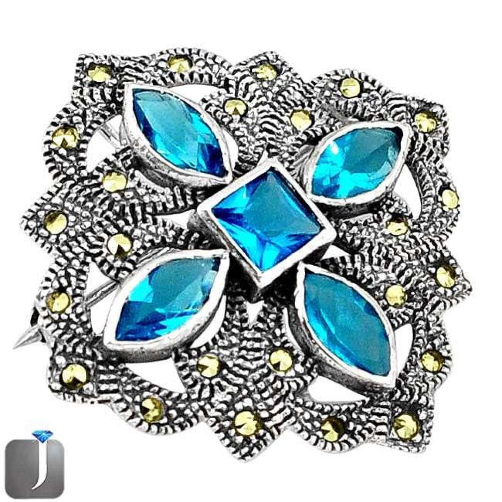 NATURAL BLUE TOPAZ SWISS MARCASITE 925 STERLING SILVER BROOCH PENDANT G75679