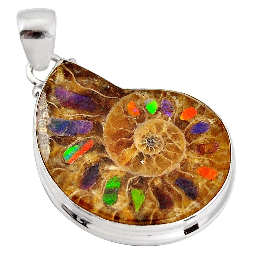 21.30cts natural brown ammolite in ammonite 925 sterling silver pendant p91776