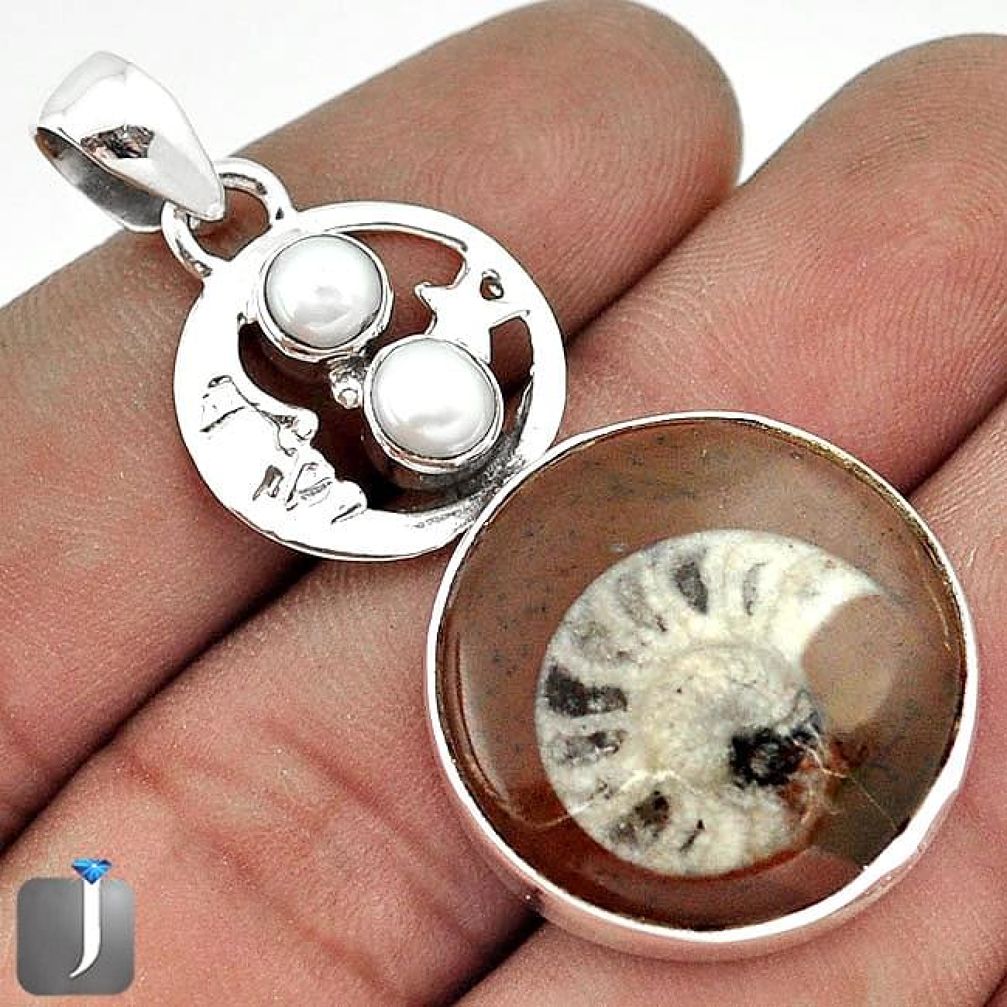 NATURAL BROWN AMMONITE CRYSTALLIZED 925 SILVER CRESCENT MOON STAR PENDANT G27829