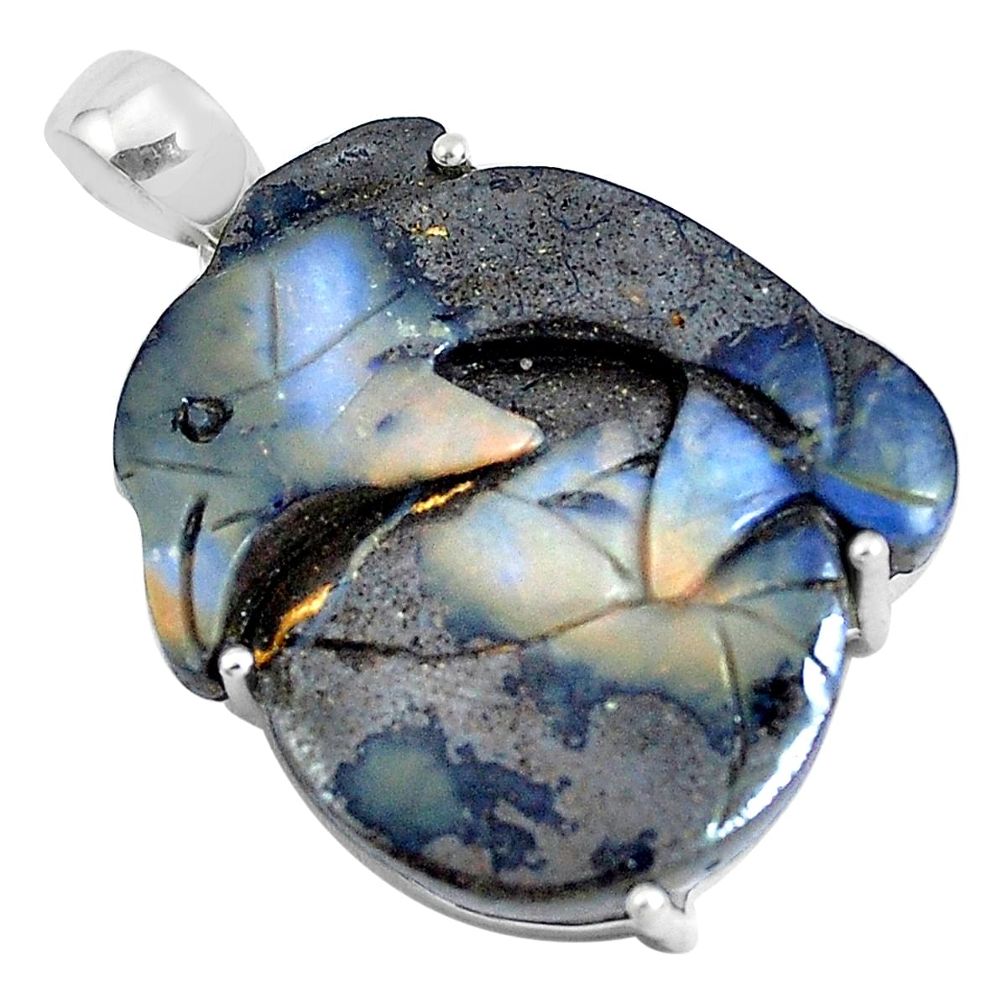 32.65cts natural brown boulder opal carving 925 silver dolphine pendant p46567