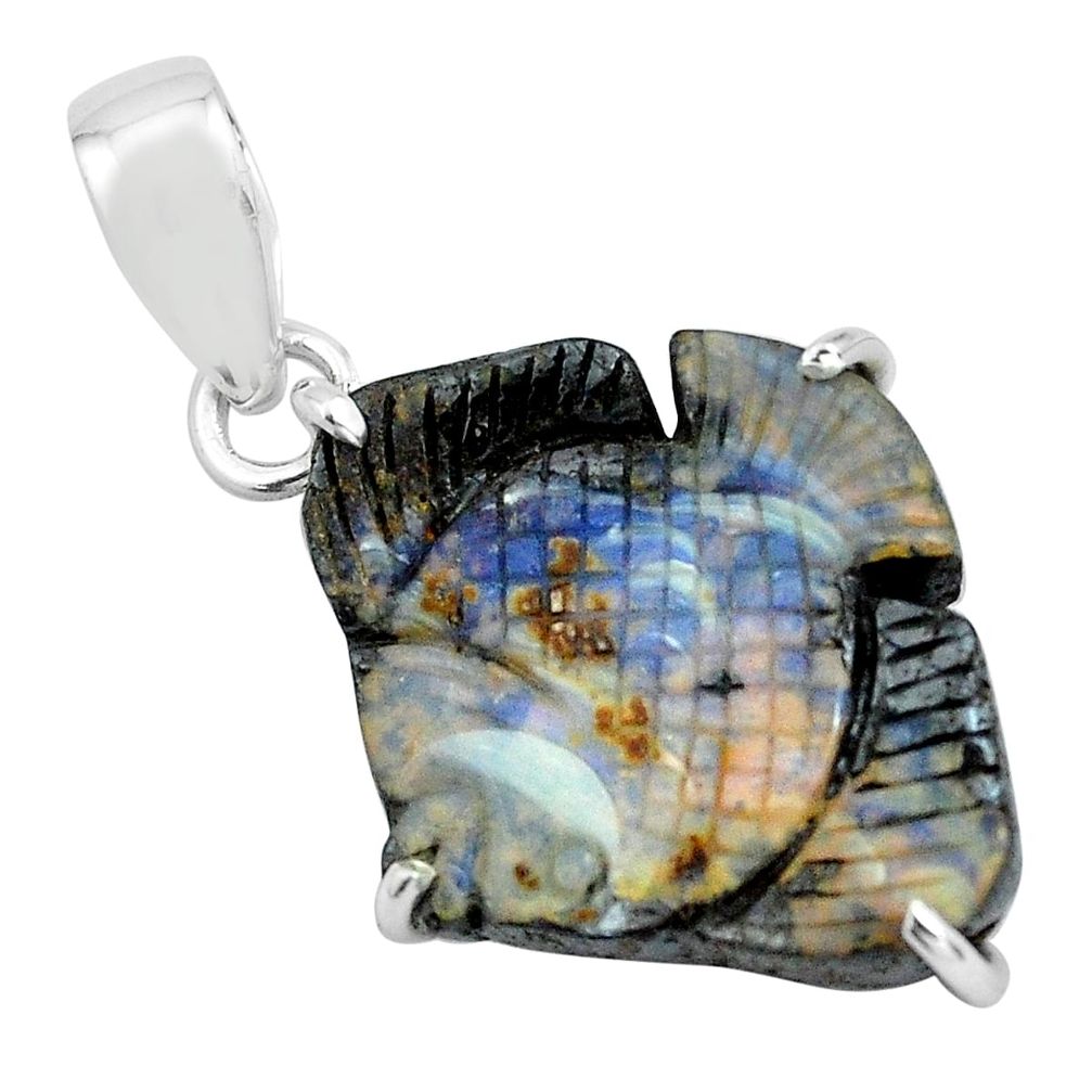 16.88cts natural brown boulder opal carving 925 silver fish pendant p69371