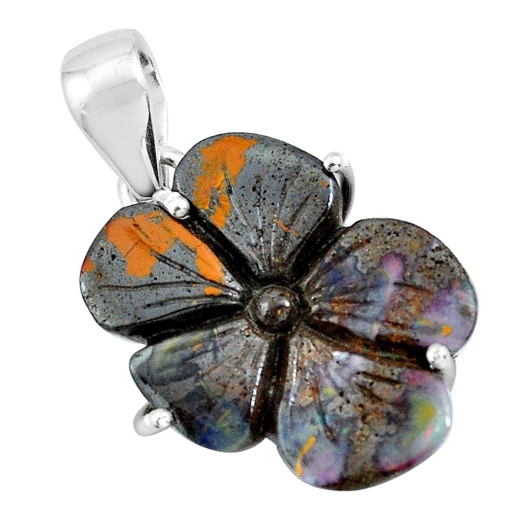 15.93cts natural brown boulder opal carving 925 silver flower pendant p69355