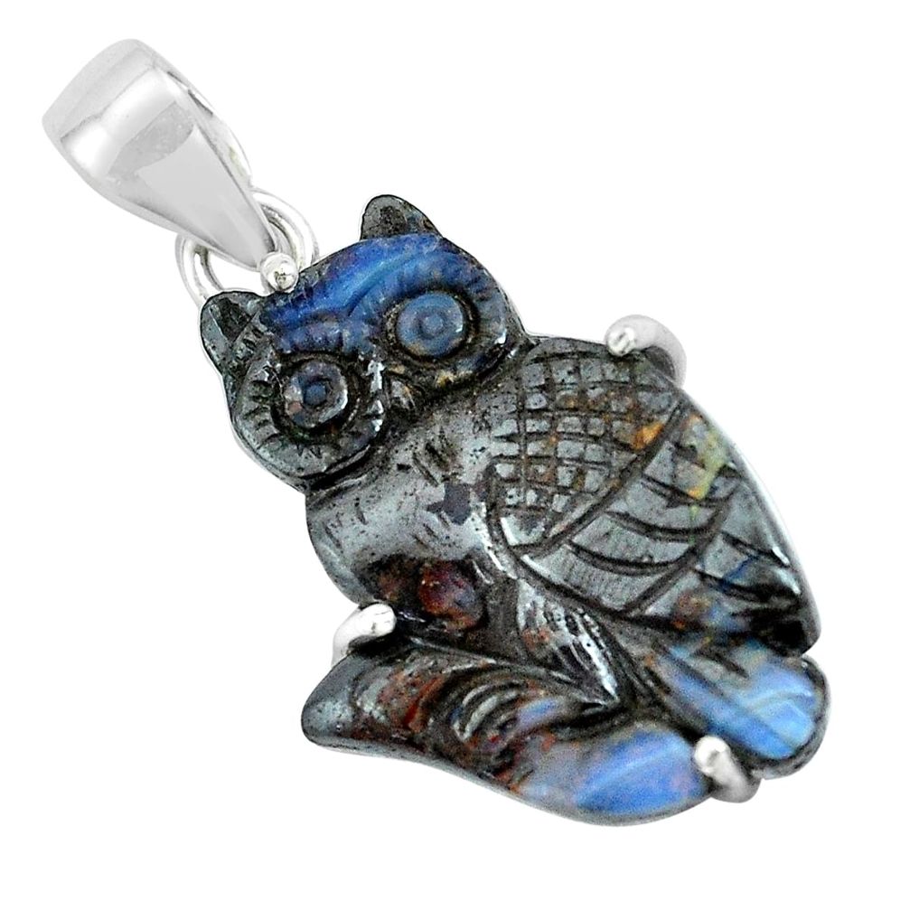20.33cts natural brown boulder opal carving 925 silver owl pendant p69347