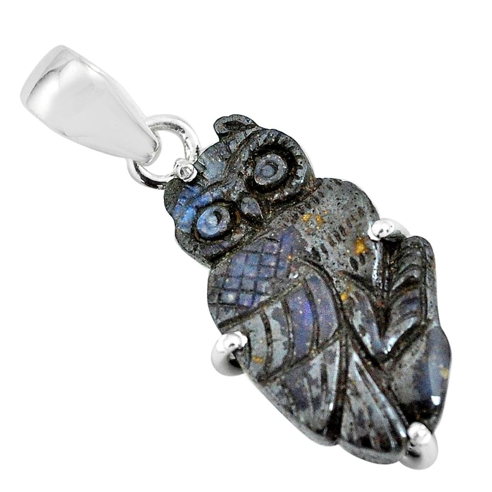 16.49cts natural brown boulder opal carving 925 silver owl pendant p69367