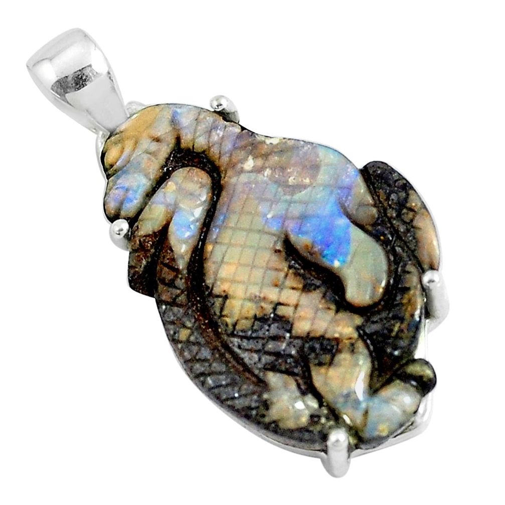 22.09cts natural brown boulder opal carving 925 sterling silver pendant p46541