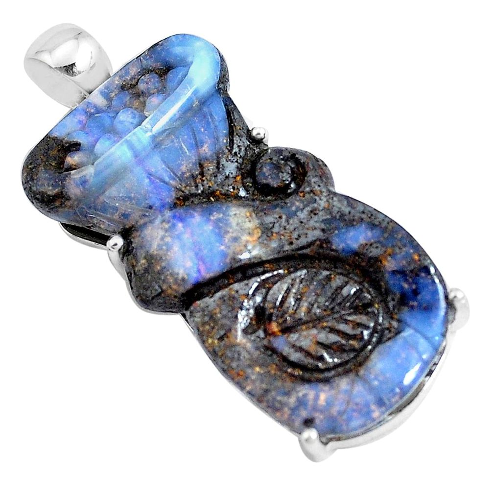 31.58cts natural brown boulder opal carving 925 sterling silver pendant p46545