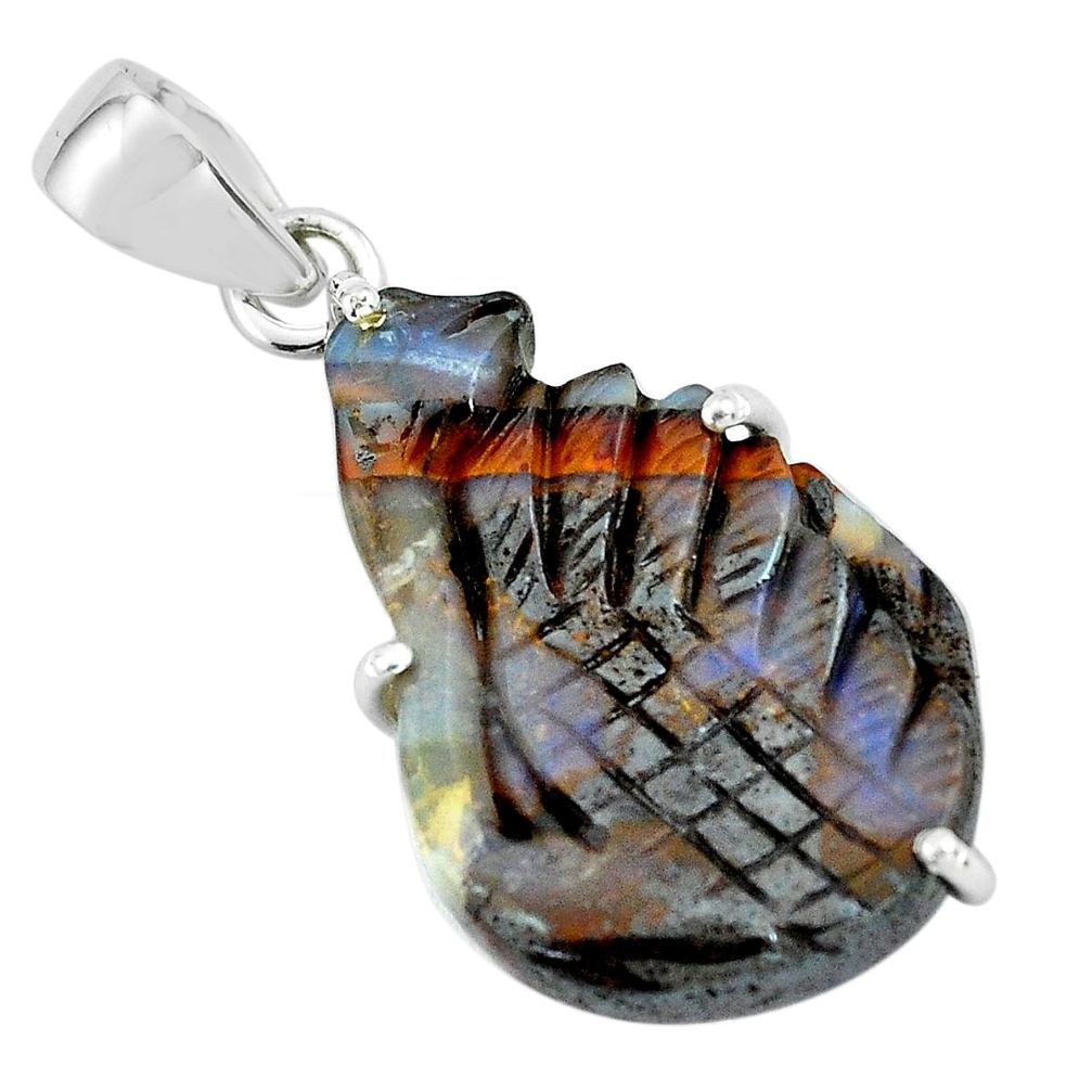 18.73cts natural brown boulder opal carving 925 sterling silver pendant p69378