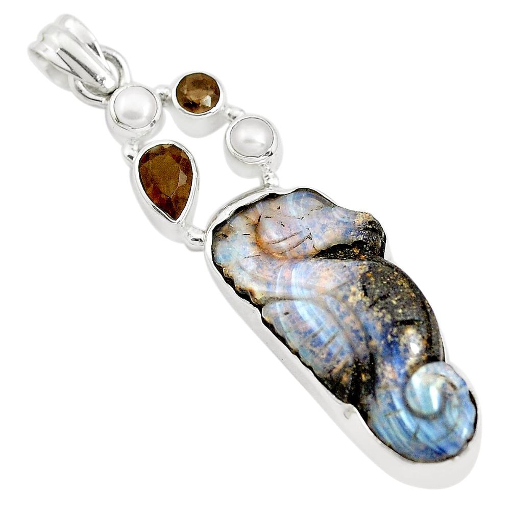 23.92cts natural brown boulder opal carving pearl 925 silver pendant p38665