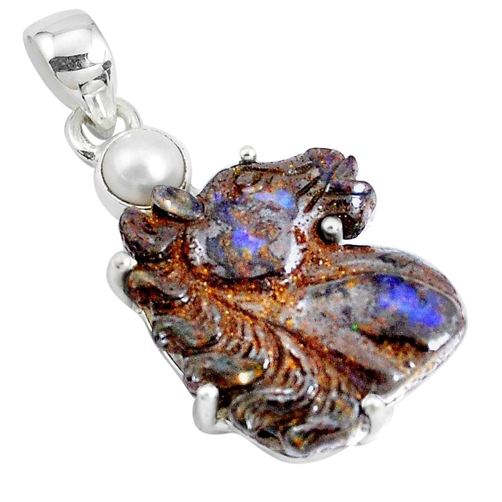 22.48cts natural brown boulder opal carving pearl 925 silver pendant p46540