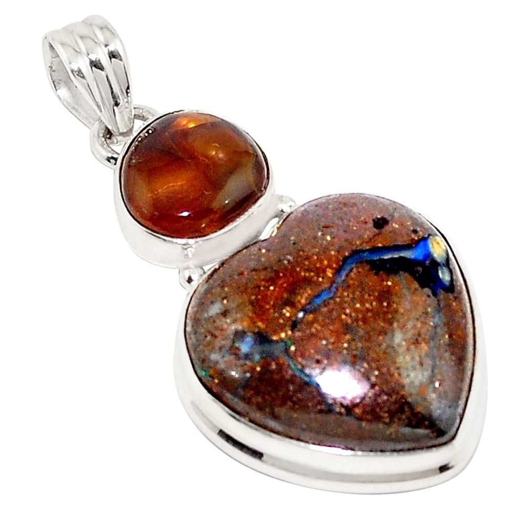 25.60cts natural brown boulder opal mexican fire agate 925 silver pendant p76225