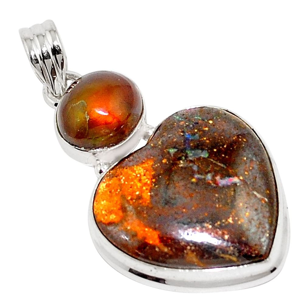 26.70cts natural brown boulder opal mexican fire agate 925 silver pendant p76229