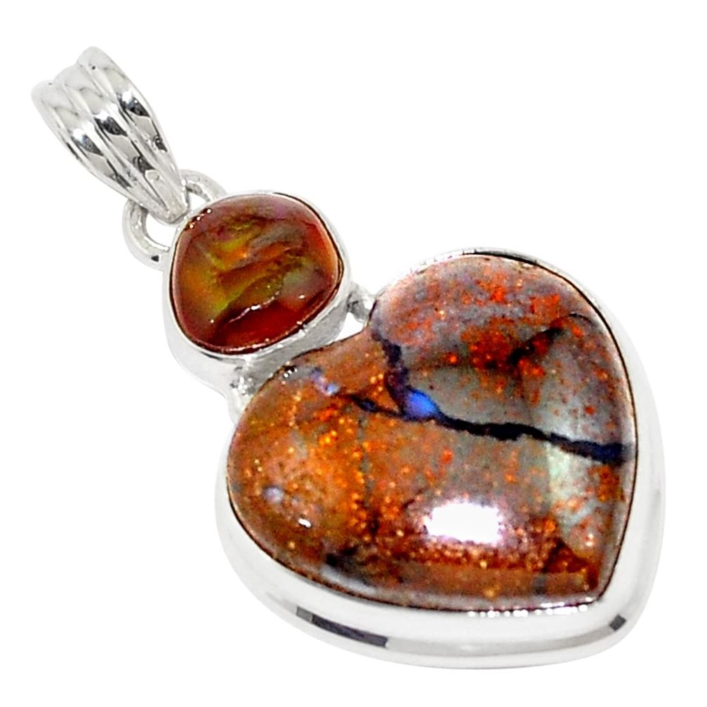 24.38cts natural brown boulder opal mexican fire agate 925 silver pendant p76235