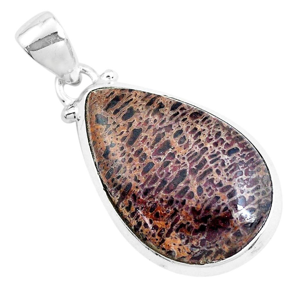 13.70cts natural brown dinosaur bone fossilized pear 925 silver pendant p40787