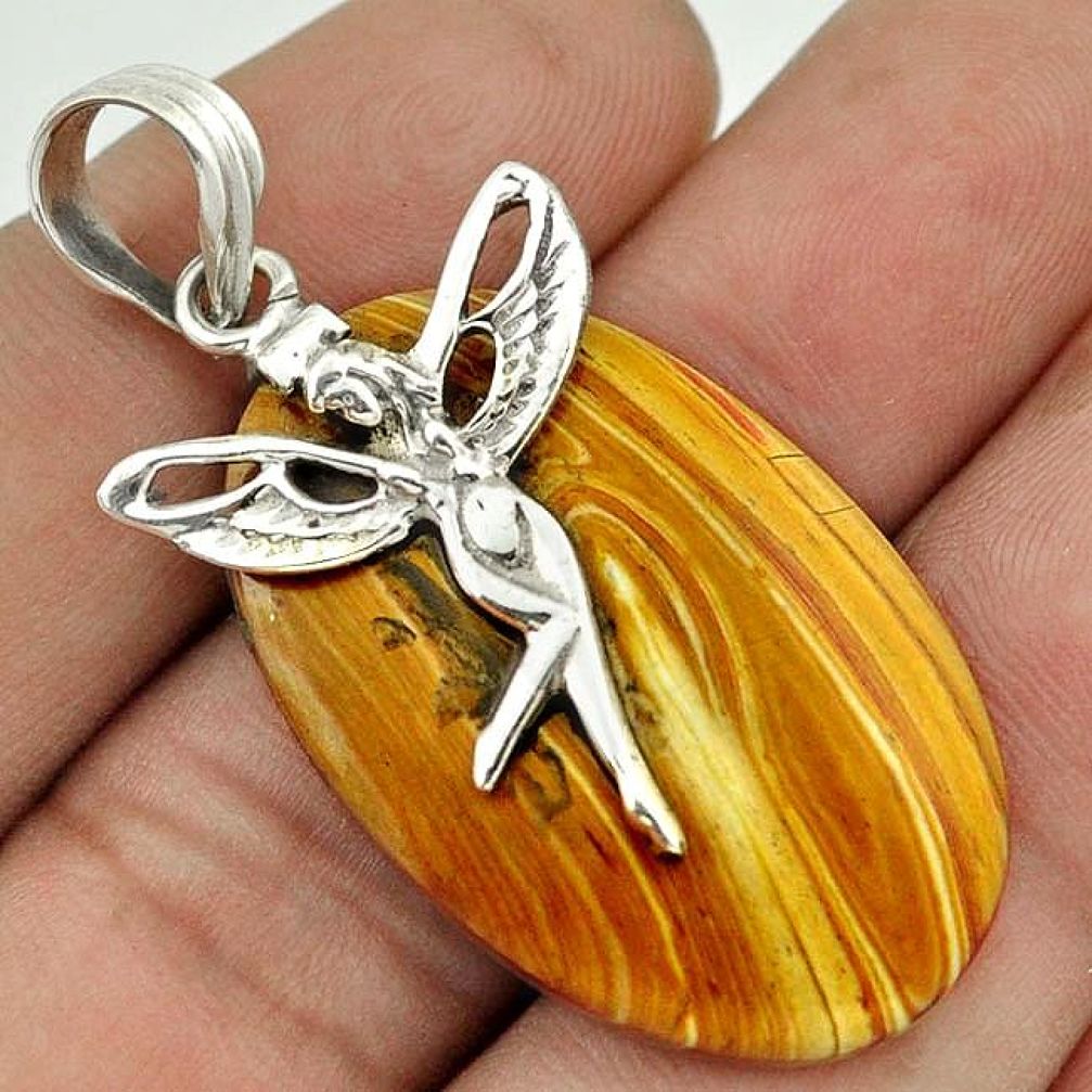 NATURAL BROWN OWYHEE BRUNEAU JASPER 925 SILVER ANGEL WINGS FAIRY PENDANT F68611