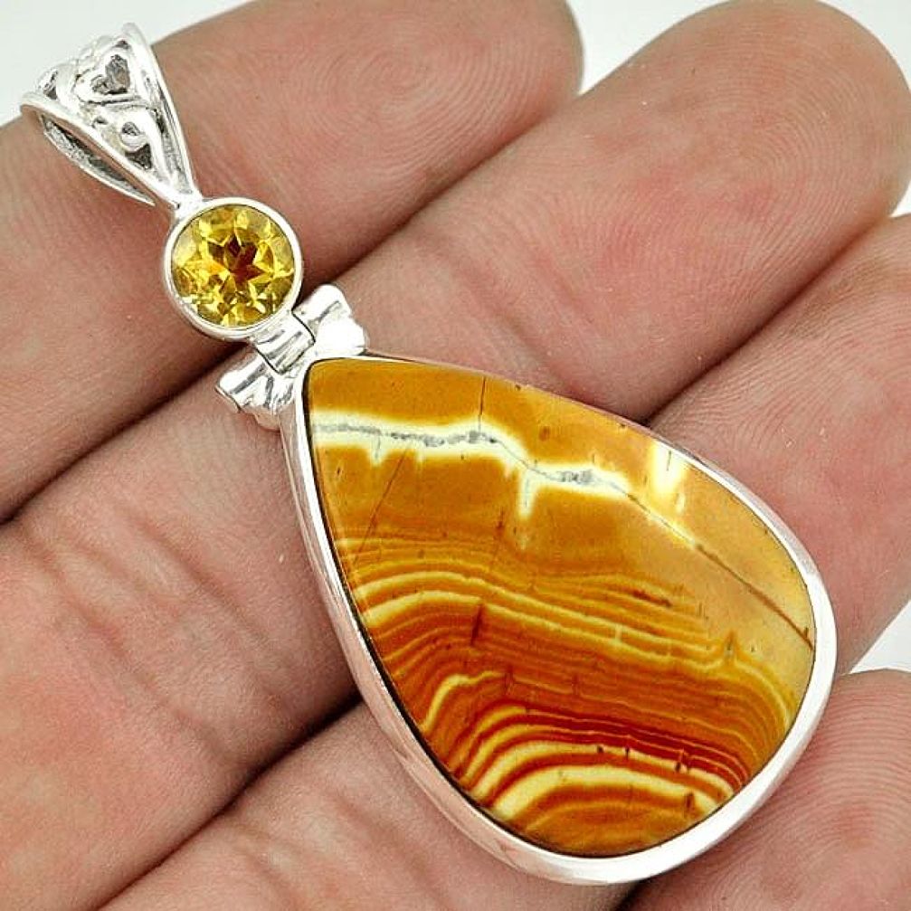 22.79cts NATURAL BROWN OWYHEE BRUNEAU JASPER CITRINE 925 SILVER PENDANT F68609