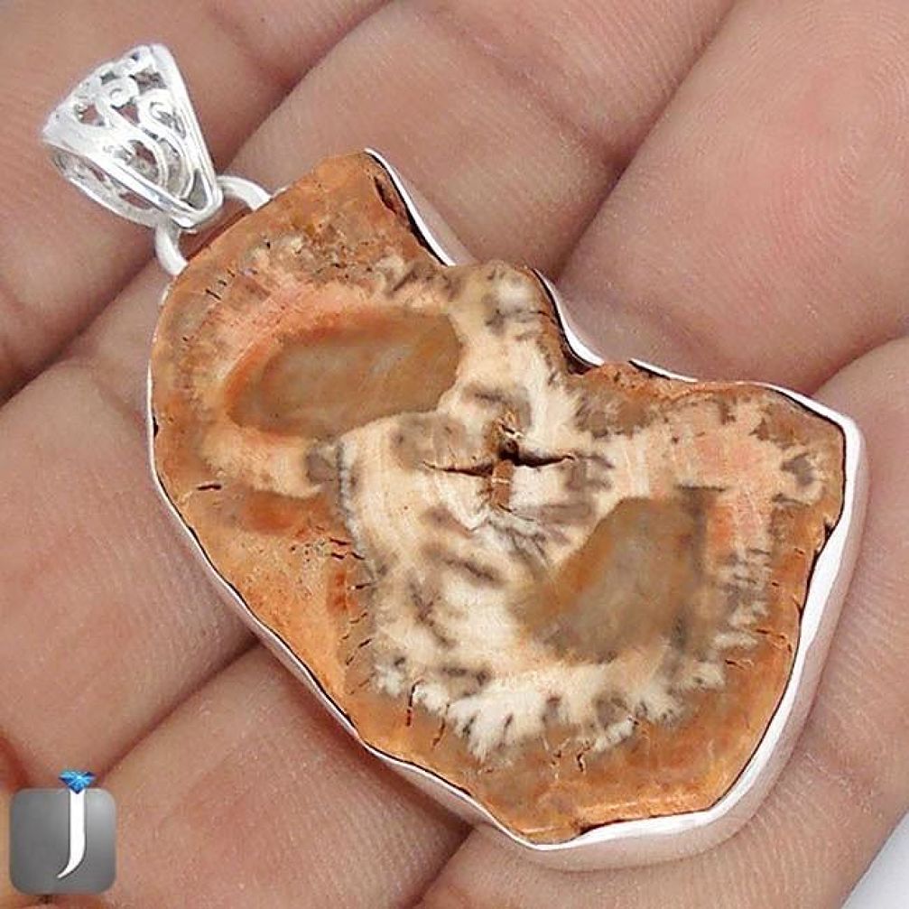 36.57cts NATURAL BROWN PETRIFIED WOOD FOSSIL 925 STERLING SILVER PENDANT G10684