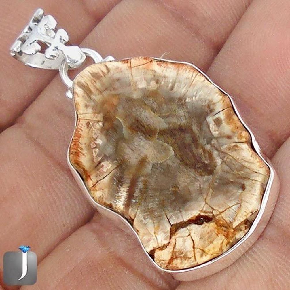 18.10cts NATURAL BROWN PETRIFIED WOOD FOSSIL 925 STERLING SILVER PENDANT G10691