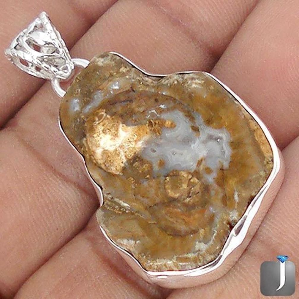 28.17cts NATURAL BROWN PETRIFIED WOOD FOSSIL 925 STERLING SILVER PENDANT G10692