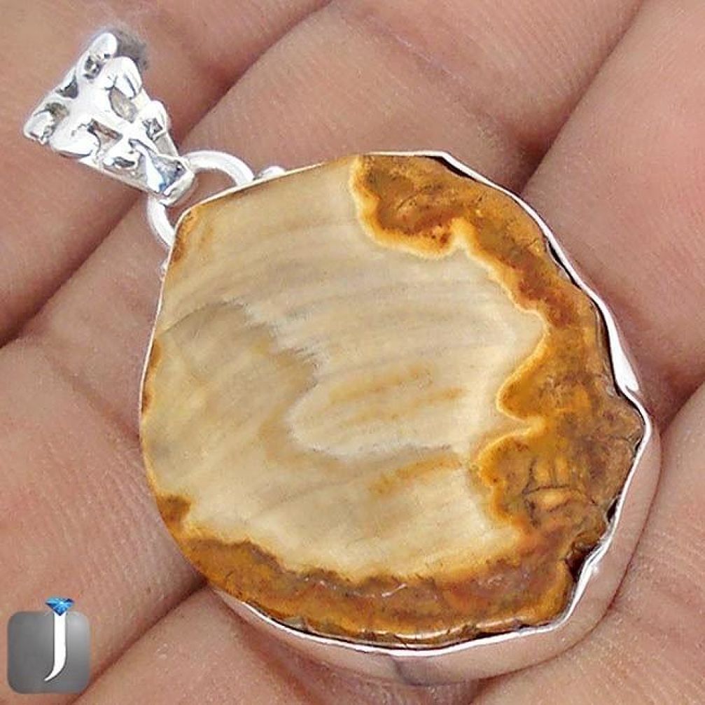 30.83cts NATURAL BROWN PETRIFIED WOOD FOSSIL 925 STERLING SILVER PENDANT G10700