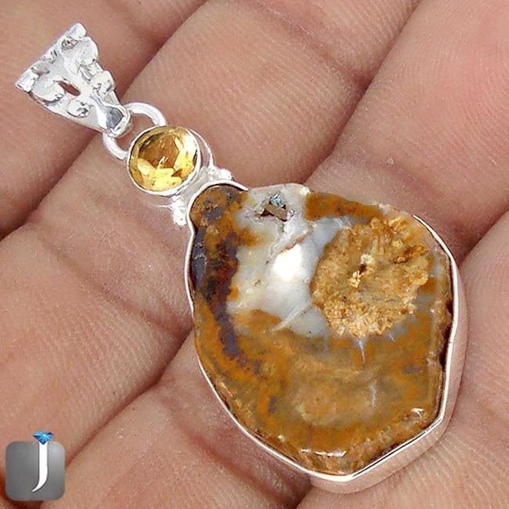 18.70cts NATURAL BROWN PETRIFIED WOOD FOSSIL CITRINE 925 SILVER PENDANT G10695