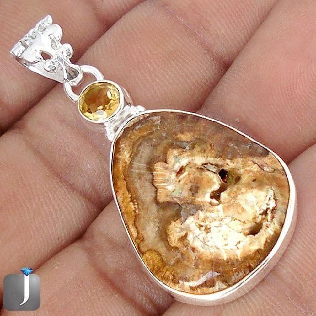 19.07cts NATURAL BROWN PETRIFIED WOOD FOSSIL CITRINE 925 SILVER PENDANT G10698