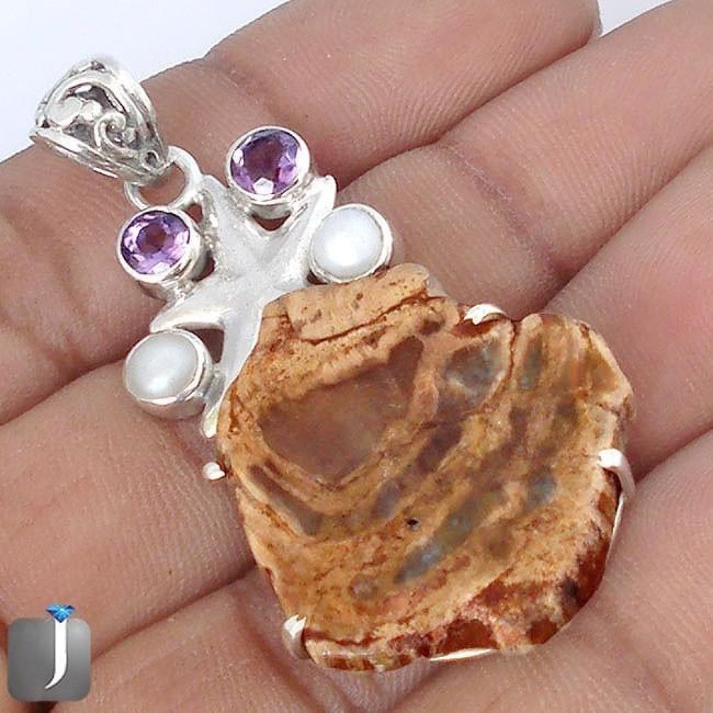 NATURAL BROWN PETRIFIED WOOD FOSSIL PEARL 925 SILVER STAR FISH PENDANT G10666
