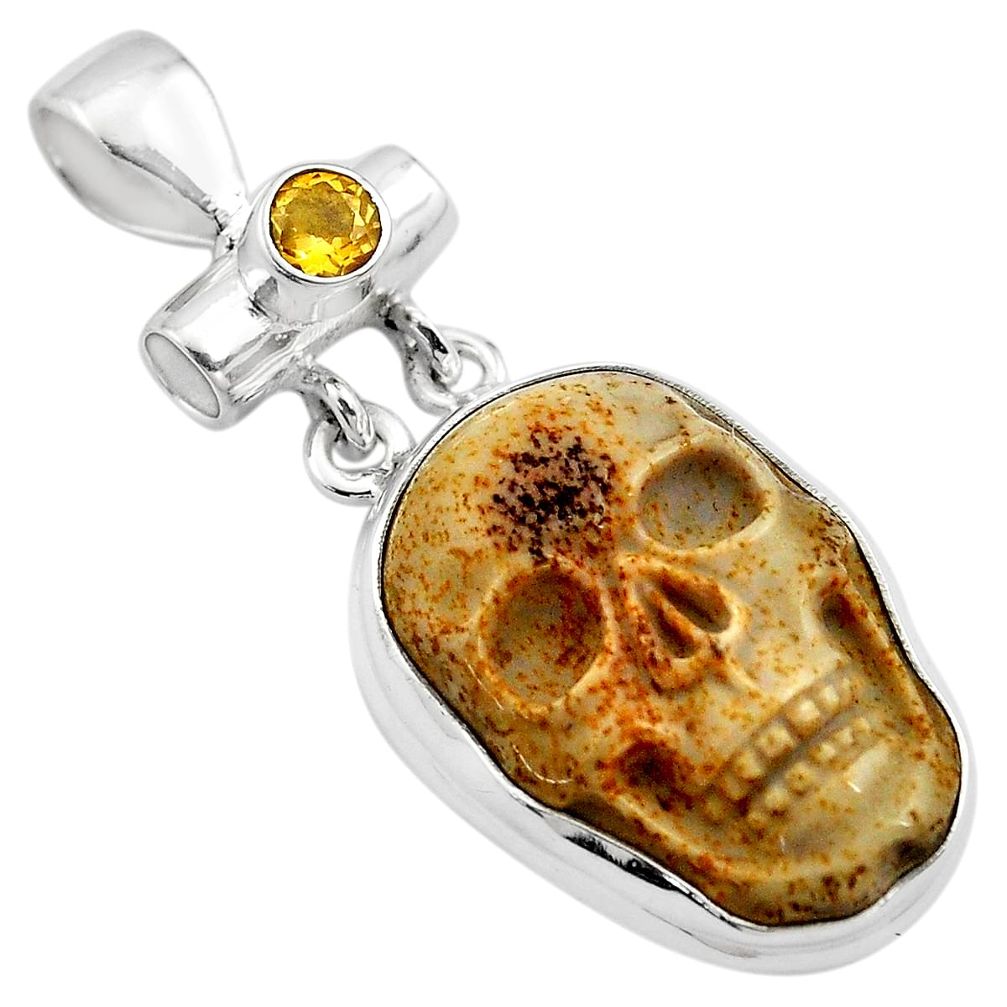 19.10cts natural brown picture jasper citrine 925 silver skull pendant p84494