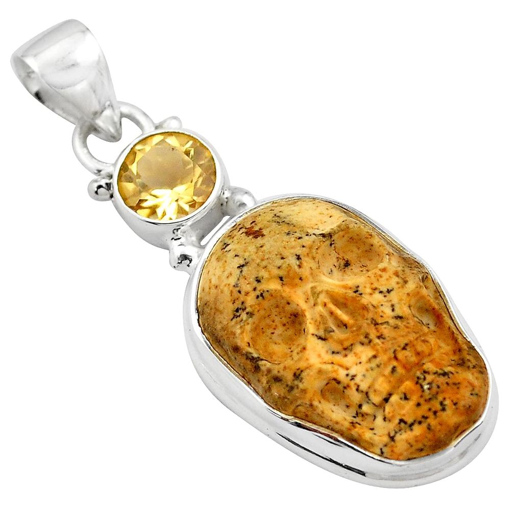 17.22cts natural brown picture jasper citrine 925 silver skull pendant p84500