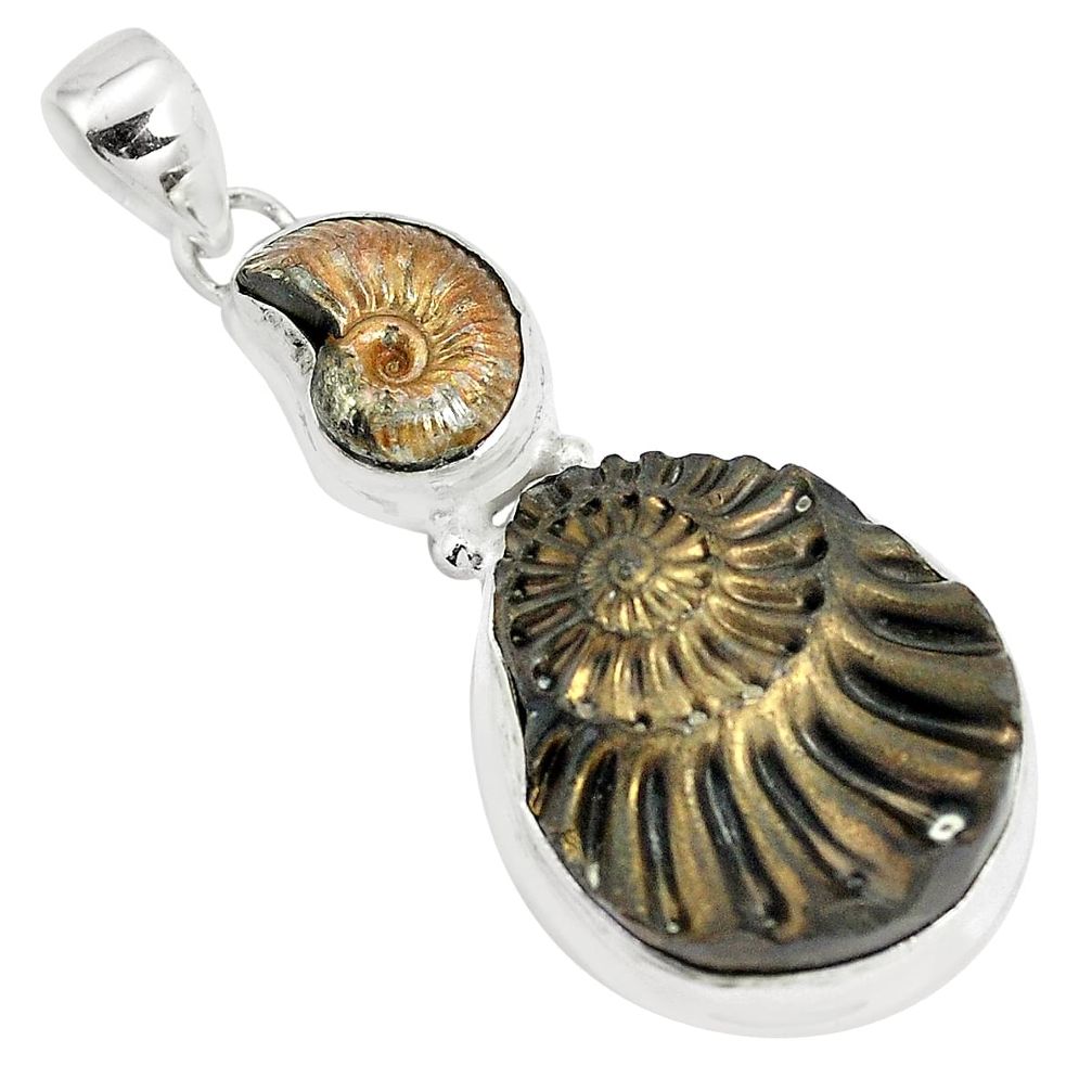 26.70cts natural brown pleuroceras ammonite 925 sterling silver pendant p35833