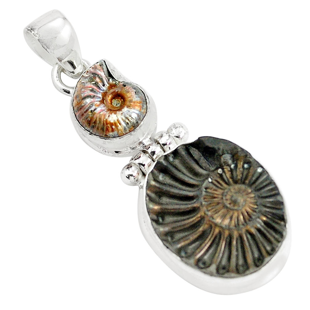 22.57cts natural brown pleuroceras ammonite 925 sterling silver pendant p35834