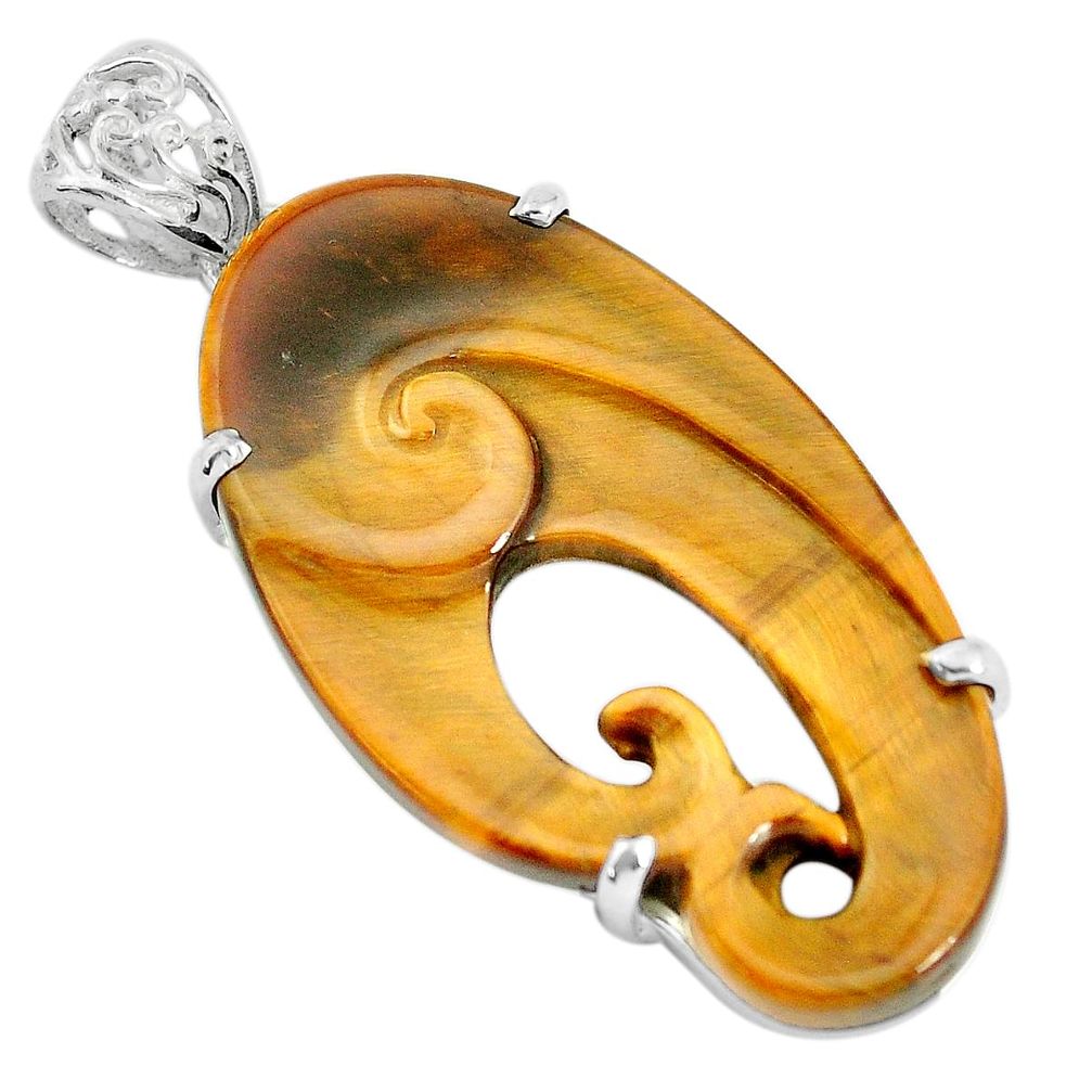 27.49cts natural brown tiger's eye 925 sterling silver elephant pendant p35901