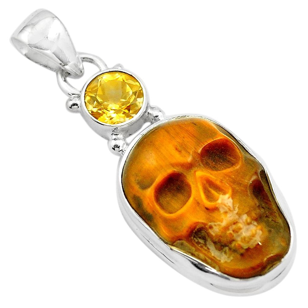 18.15cts natural brown tiger's eye citrine 925 silver skull pendant p84464