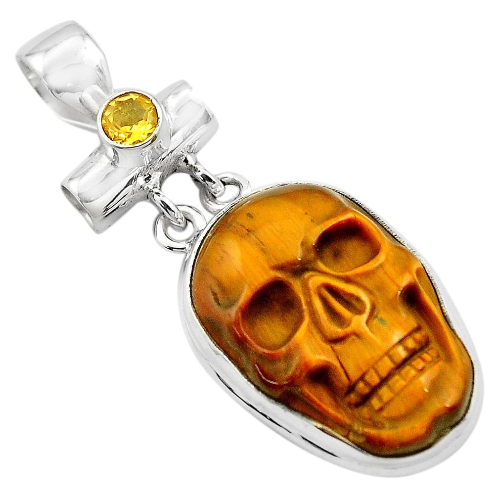 18.15cts natural brown tiger's eye citrine 925 silver skull pendant p84465